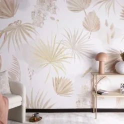 Maisons Du Monde Papiers Peints Papier Peint Blanc, Détails Feuilles Beiges Et Marrons 240x300