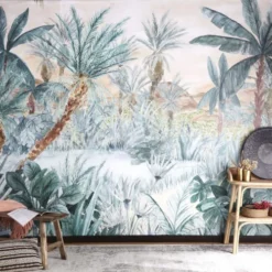 Maisons Du Monde Papiers Peints Papier Peint Intissé Imprimé Jungle Verte, Rose Et Marron 300x384