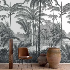 Hexoa Papiers Peints Papier Peint Jungle Cocotier Noir Et Blanc 53x840cm